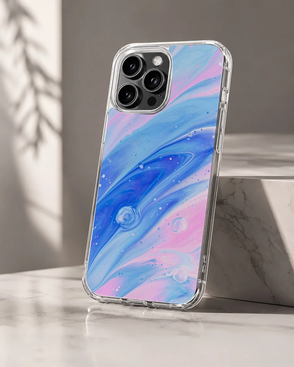 Abstract art phone cover in blue and purple swirl design.